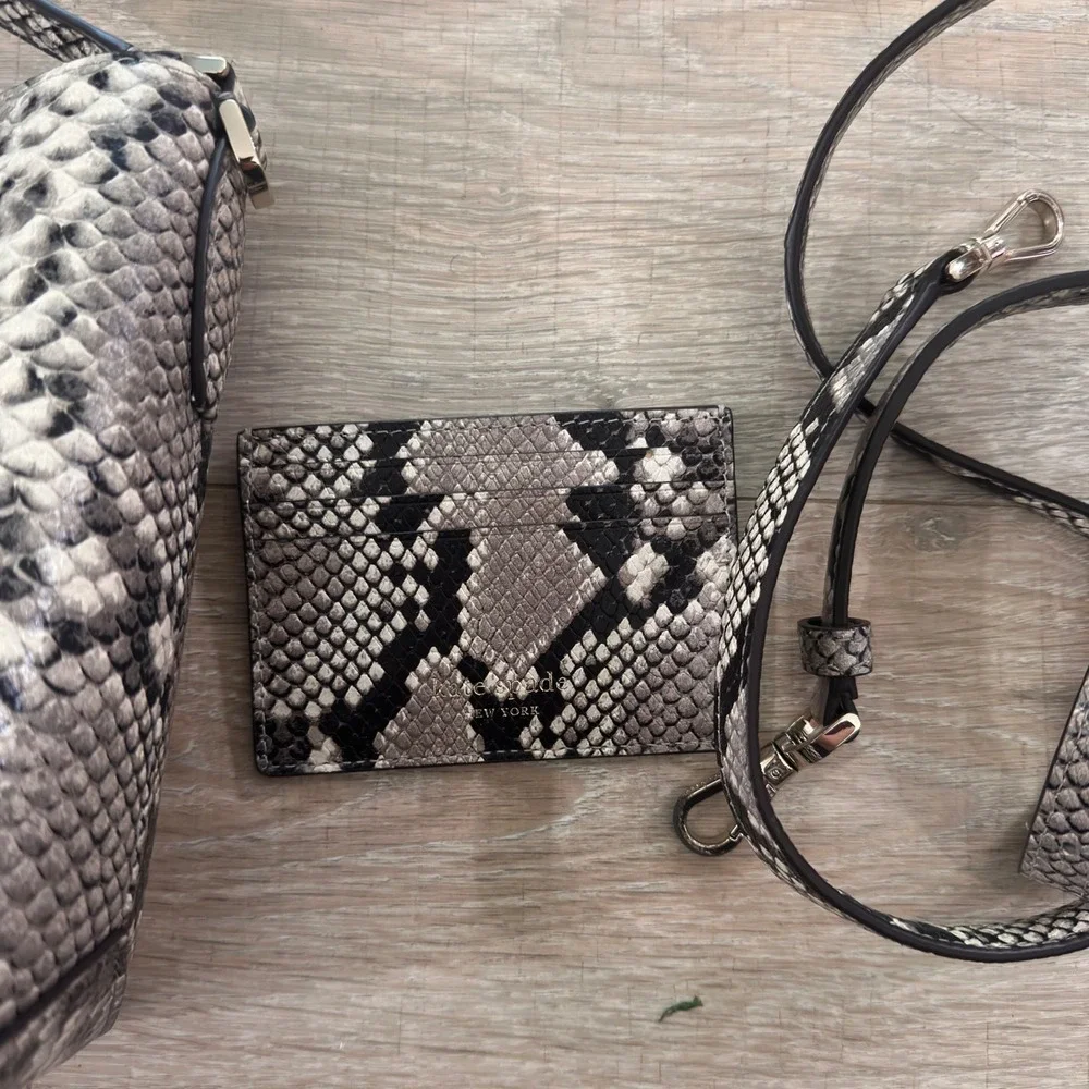 Kate Spade 2 Way Bucket Bag Grey Black Snakeskin Embossed Leather Crossbody Set